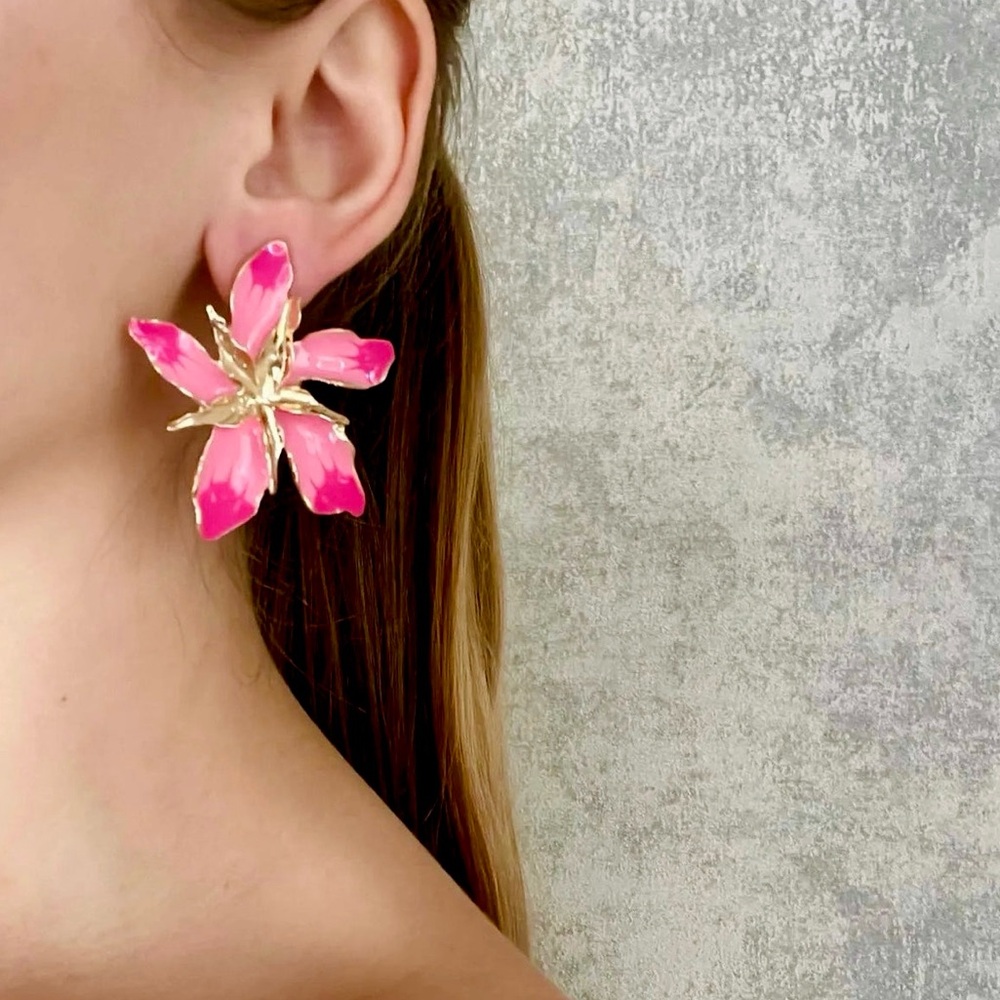 Pink Hand Painted Oversized Flower Floral Stud Earrings Magenta Gold